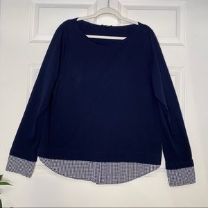 J. Crew Mercantile Layered Boatneck Tee With Gingham Hem & Cuffs Navy Blue XL